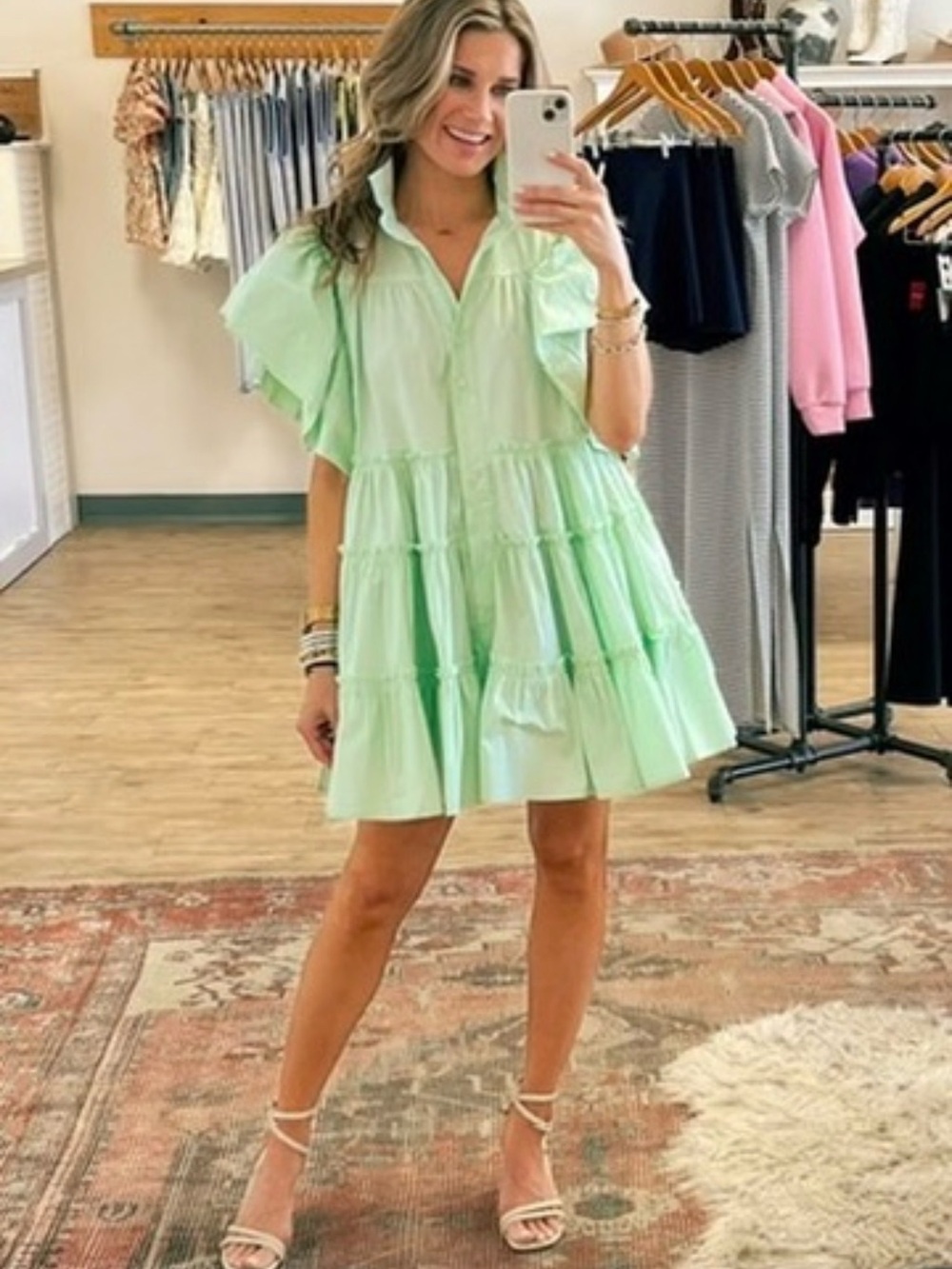 Light Lime Green Mint Tiered Babydoll Ruffle Button Mini Dress